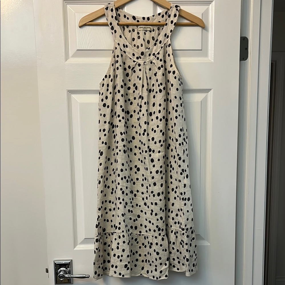 Black and Cream Dot sleeveless Linen Midi Dress